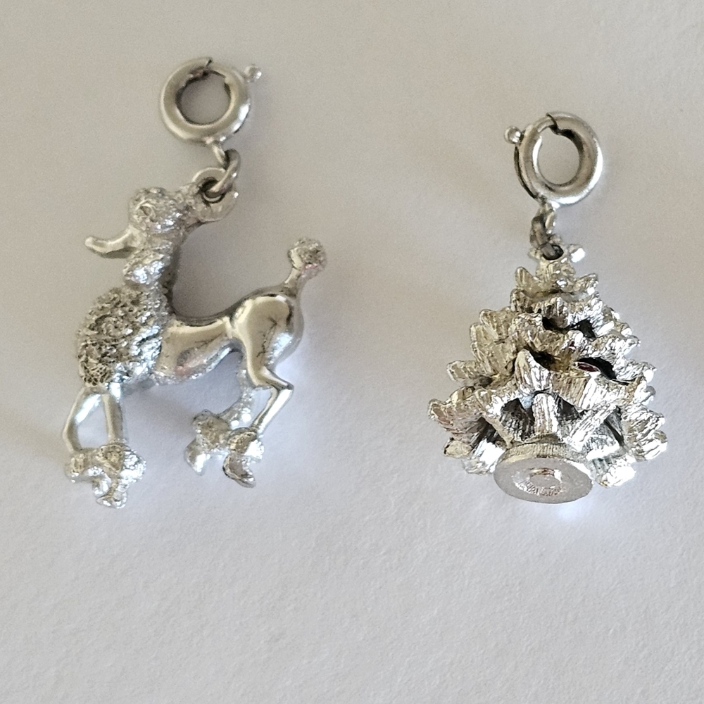 Vintage Monet charms for bracelet silver tone Poodle Dog Christmas Tree dangle